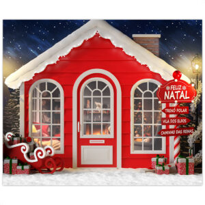 Fundo Fotográfico Gigante Natal Casa do Papai Noel com Trenó e Letreiro Temático | FNT-799