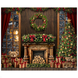 Fundo Fotográfico Natal Rústico Sala com Lareira, Árvore e Ursos | FNT-815