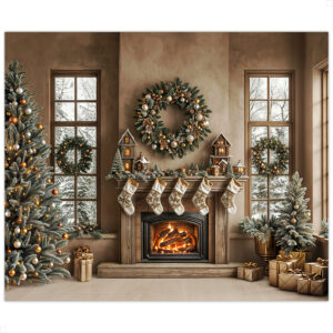 Fundo Fotográfico Natal Elegante Sala com Lareira, Árvore e Meias | FNT-817