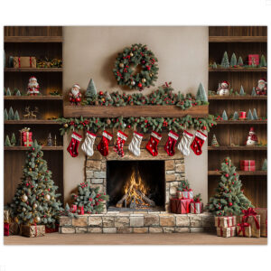 Fundo Fotográfico Natal Sala com Lareira, Árvores e Meias | FNT-819