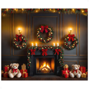 Fundo Fotográfico Natal Sala Elegante com Lareira, Ursos e Presentes | FNT-821
