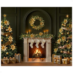 Fundo Fotográfico Natal Sala Luxuosa Verde e Árvores Douradas | FNT-824