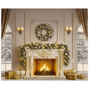 Fundo Fotográfico Natal Sala Luxuosa com Lareira de Mármore e Guirlanda Dourada | FNT-827