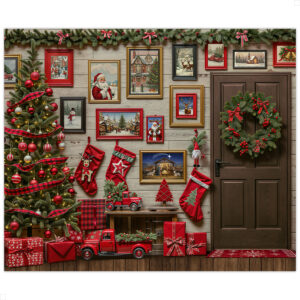 Fundo Fotográfico Natal Parede de Madeira com Quadros e Enfeites Natalinos | FNT-830