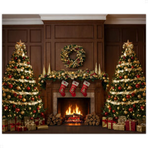 Fundo Fotográfico Natal Sala Clássica com Lareira, Árvores e Laços | FNT-831