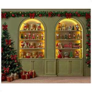 Fundo Fotográfico Natal Parede de Brinquedos Verde e Árvore com Laços | FNT-832